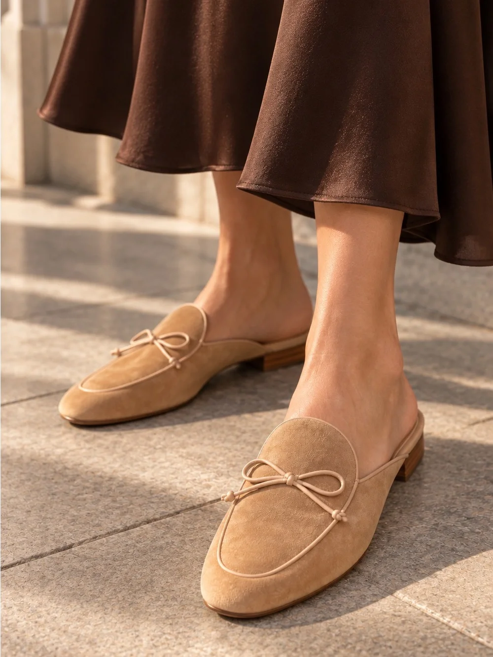 Kate Spade Devi Suede Bow Mules Size 9.5 Tan Beige Slip On Flats